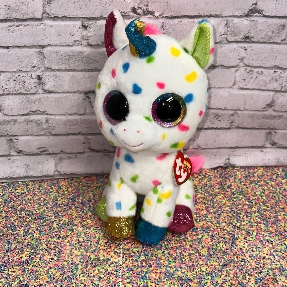 TY Beenie Boos "HARMONIE" 10" Stuffed Unicorn Plush White With Spots Glitter NWT